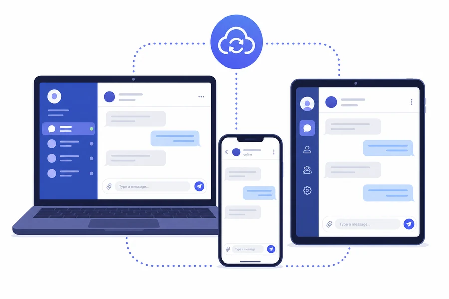 Obrolan Telegram tersinkron antara laptop, ponsel, dan tablet melalui cloud